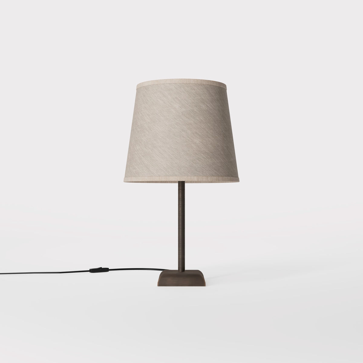 Contemporary table lamp with brass structure and conical gray textile shade, square base, essential design, Aves collection by Ghidini 1849 - Finish: OBM Bronze Satin Matt Brass