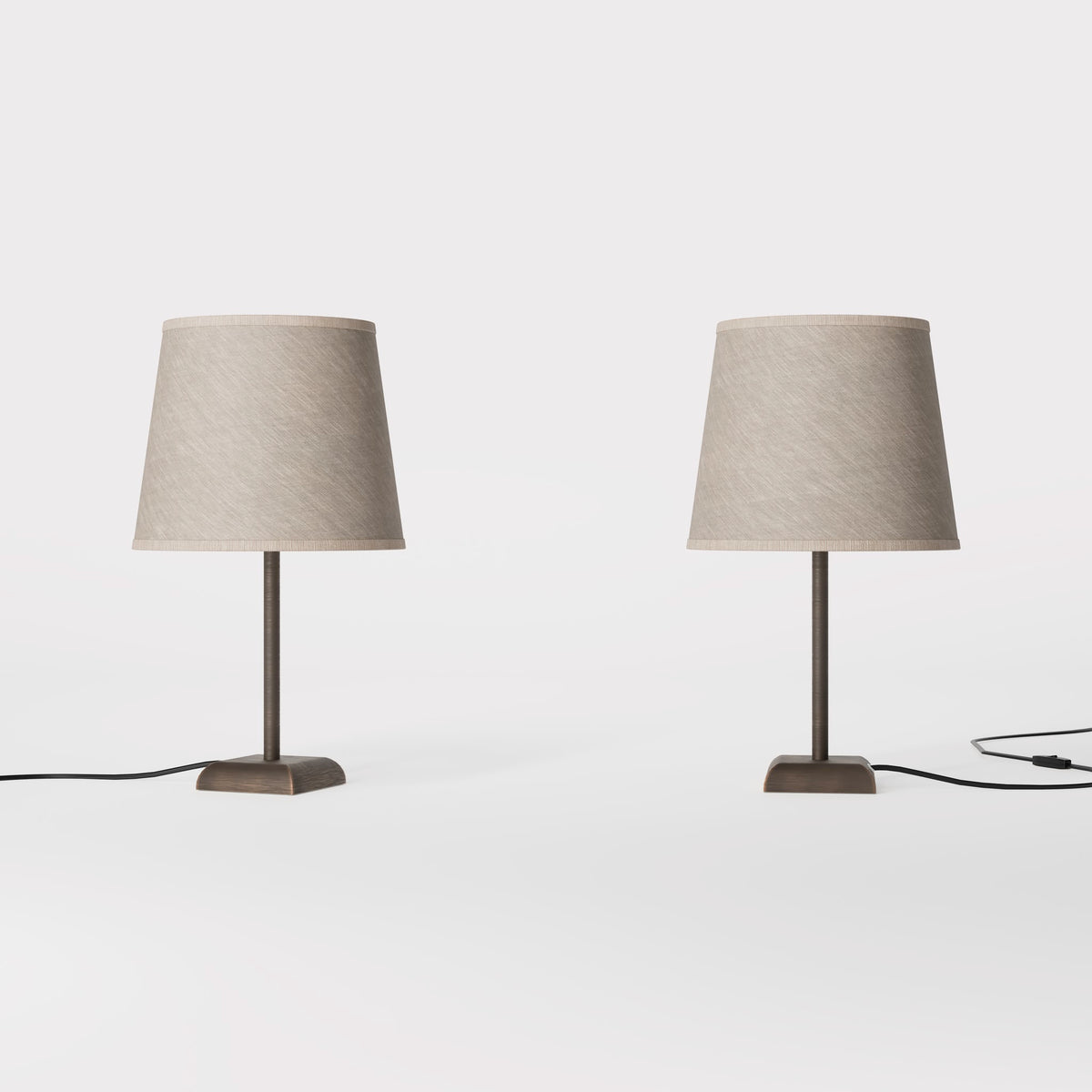 Contemporary table lamp with brass structure and conical gray textile shade, square base, essential design, Aves collection by Ghidini 1849 - Finish: OBM Bronze Satin Matt Brass
