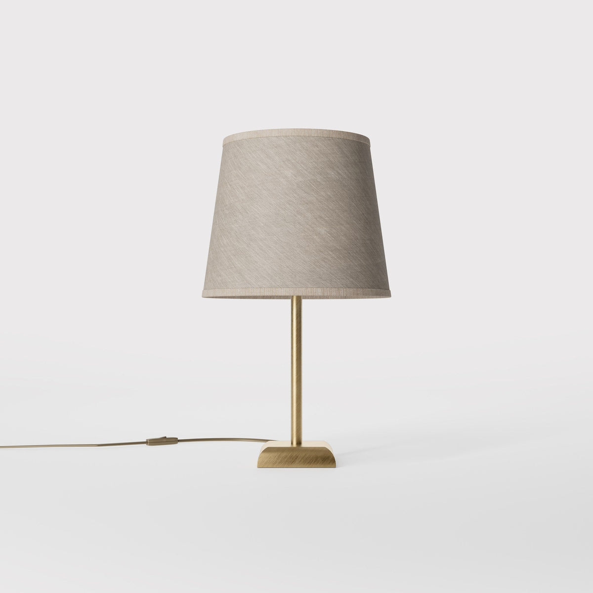 Contemporary table lamp with brass structure and conical gray textile shade, square base, essential design, Aves collection by Ghidini 1849 - Finish: OBS Bronze Satin Brass