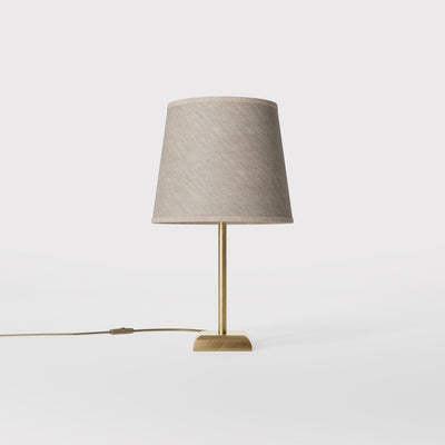Contemporary table lamp with brass structure and conical gray textile shade, square base, essential design, Aves collection by Ghidini 1849 - Finish: OBS Bronze Satin Brass