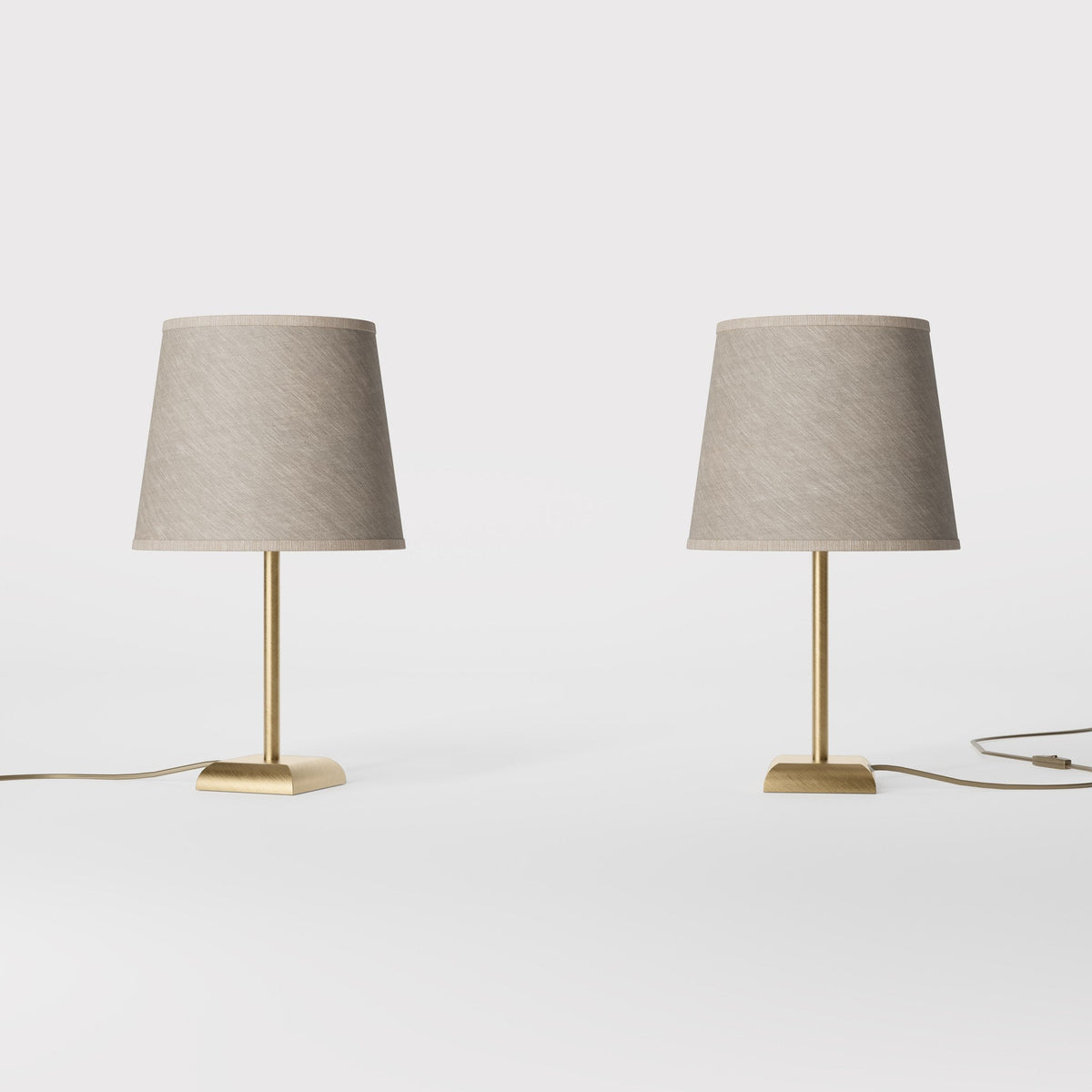 Contemporary table lamp with brass structure and conical gray textile shade, square base, essential design, Aves collection by Ghidini 1849 - Finish: OBS Bronze Satin Brass