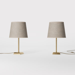 Contemporary table lamp with brass structure and conical gray textile shade, square base, essential design, Aves collection by Ghidini 1849 - Finish: OBS Bronze Satin Brass