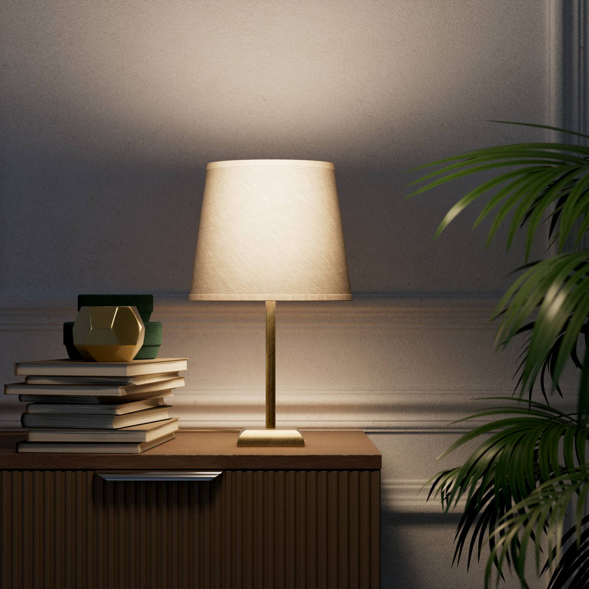 Contemporary table lamp with brass structure and conical gray textile shade, square base, essential design, Aves collection by Ghidini 1849 - Finish: OBS Bronze Satin Brass