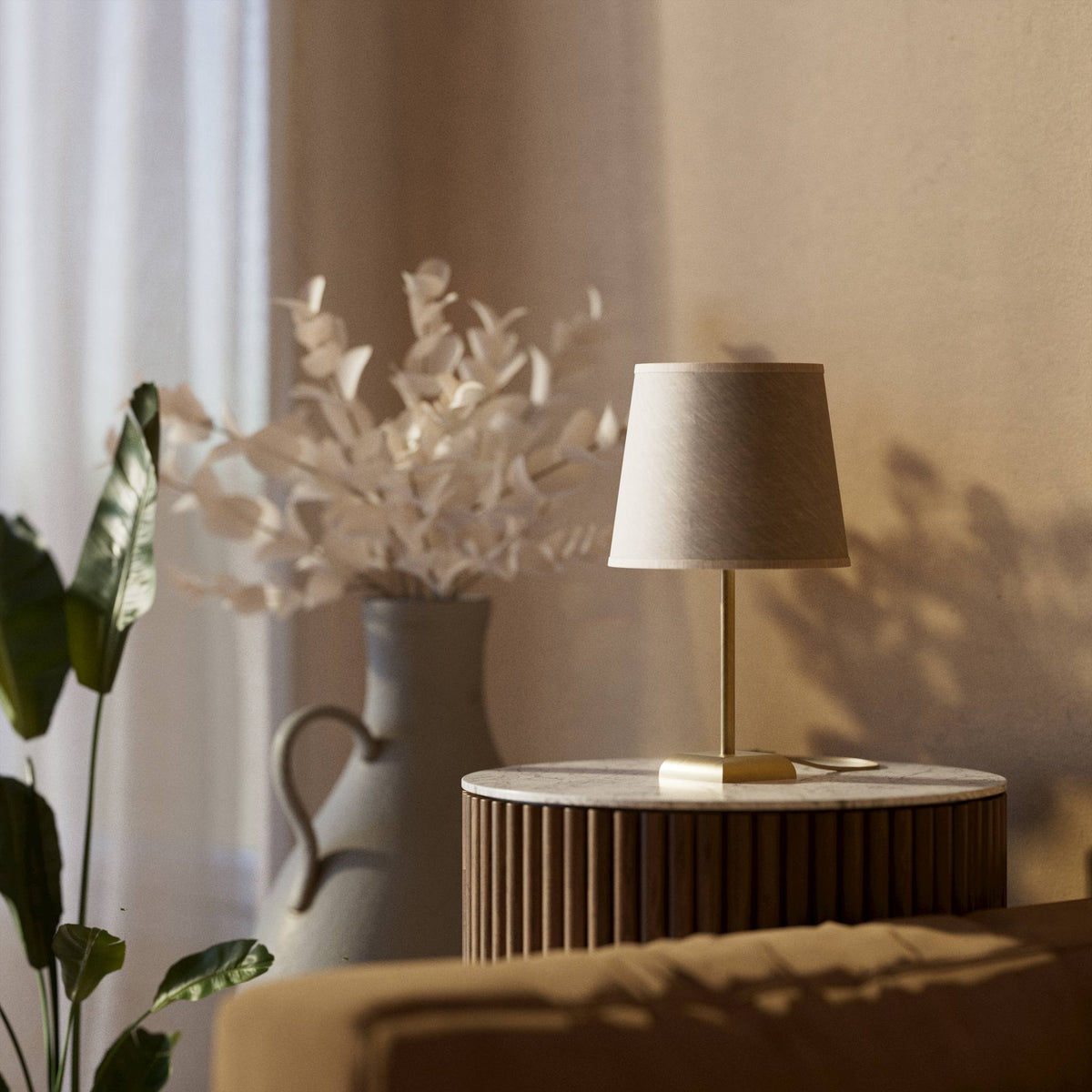 Contemporary table lamp with brass structure and conical gray textile shade, square base, essential design, Aves collection by Ghidini 1849 - Finish: OBS Bronze Satin Brass