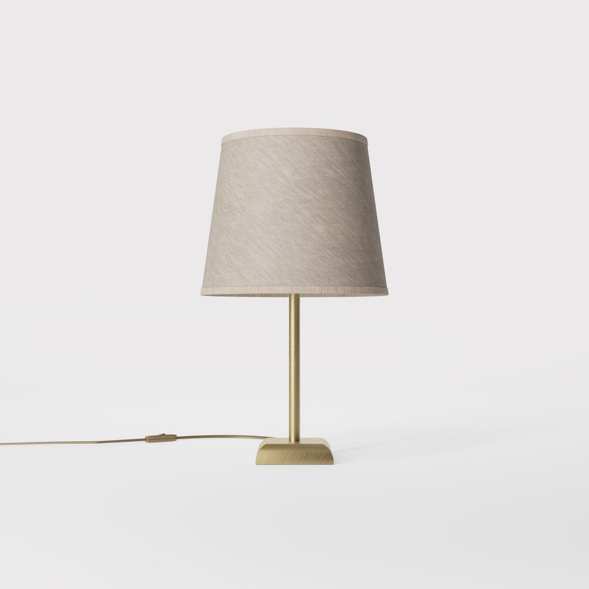 Contemporary table lamp with brass structure and conical gray textile shade, square base, essential design, Aves collection by Ghidini 1849 - Finish: OBV Bronze Satin Light Brass