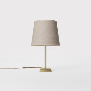 Contemporary table lamp with brass structure and conical gray textile shade, square base, essential design, Aves collection by Ghidini 1849 - Finish: OBV Bronze Satin Light Brass