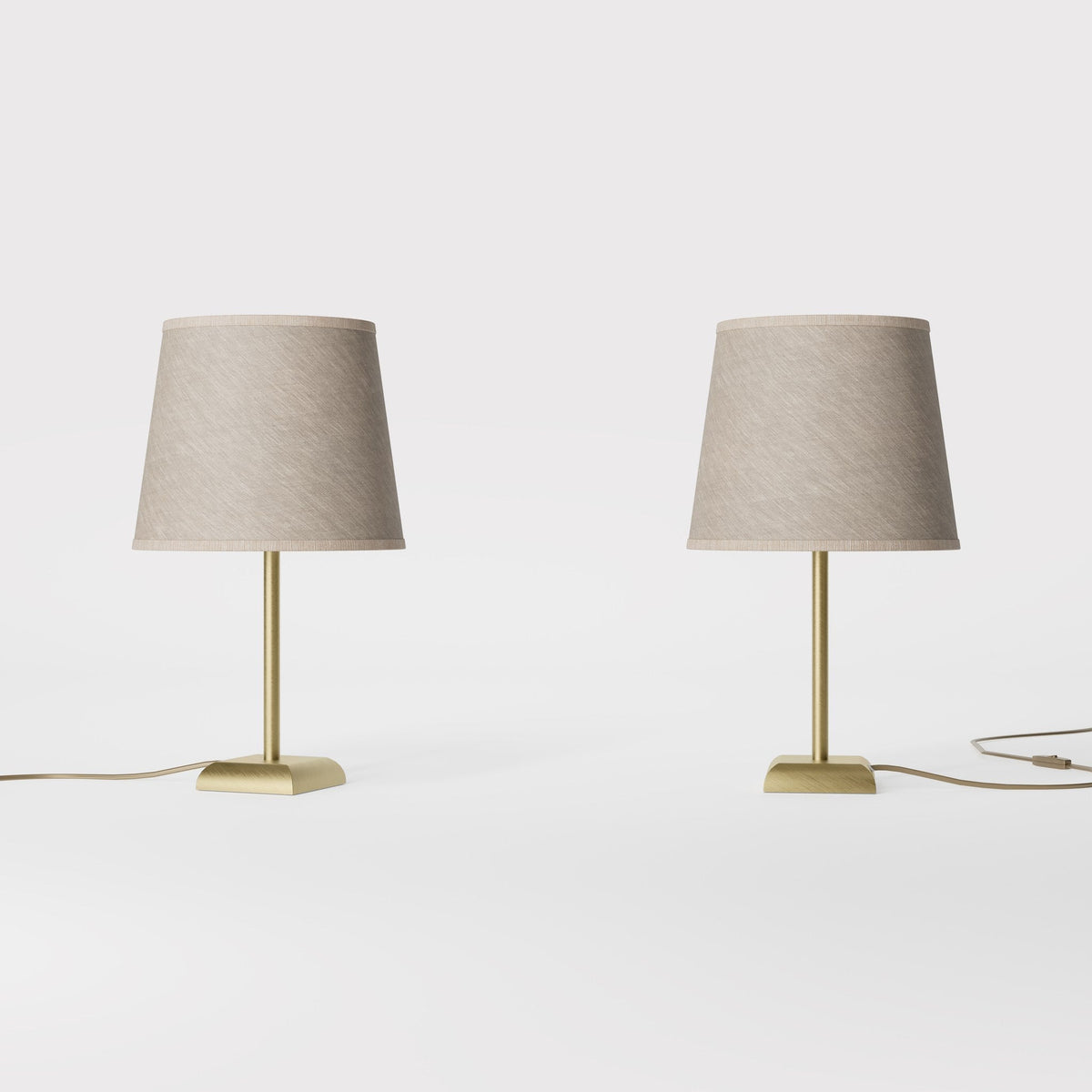 Contemporary table lamp with brass structure and conical gray textile shade, square base, essential design, Aves collection by Ghidini 1849 - Finish: OBV Bronze Satin Light Brass
