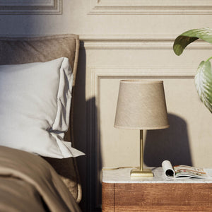 Contemporary table lamp with brass structure and conical gray textile shade, square base, essential design, Aves collection by Ghidini 1849 - Finish: OBV Bronze Satin Light Brass