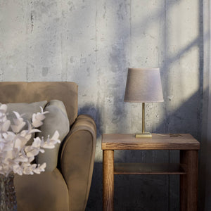 Contemporary table lamp with brass structure and conical gray textile shade, square base, essential design, Aves collection by Ghidini 1849 - Finish: OBV Bronze Satin Light Brass