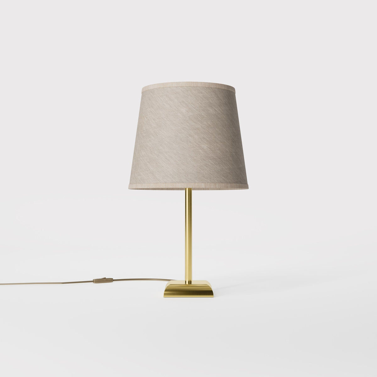 Contemporary table lamp with brass structure and conical gray textile shade, square base, essential design, Aves collection by Ghidini 1849 - Finish: OLV Polished Brass