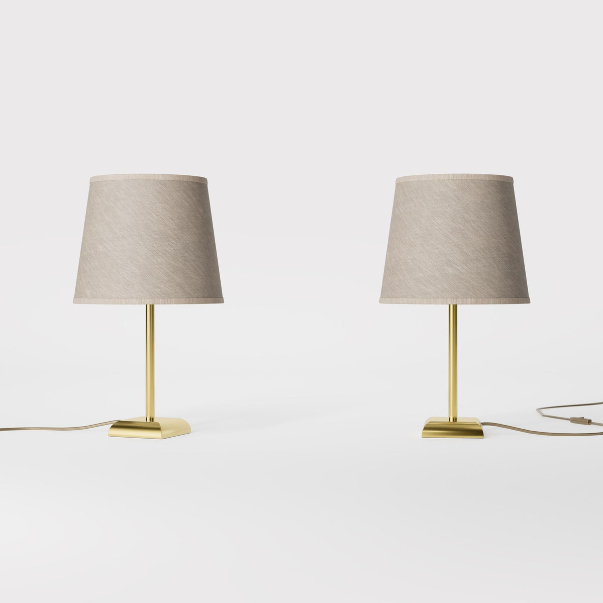 Contemporary table lamp with brass structure and conical gray textile shade, square base, essential design, Aves collection by Ghidini 1849 - Finish: OLV Polished Brass