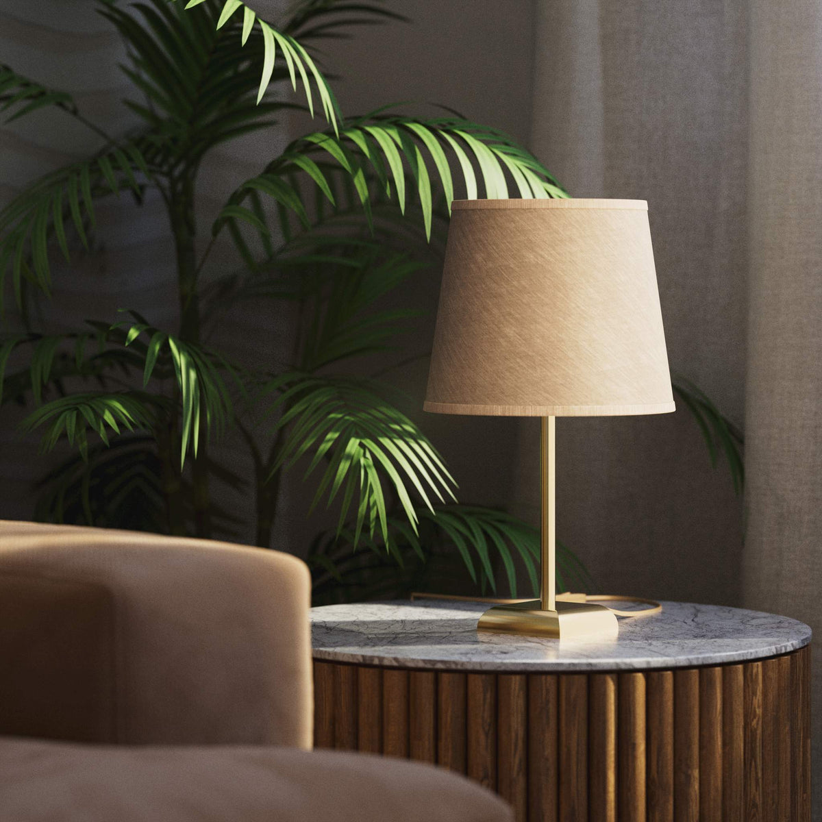 Contemporary table lamp with brass structure and conical gray textile shade, square base, essential design, Aves collection by Ghidini 1849 - Finish: OLV Polished Brass