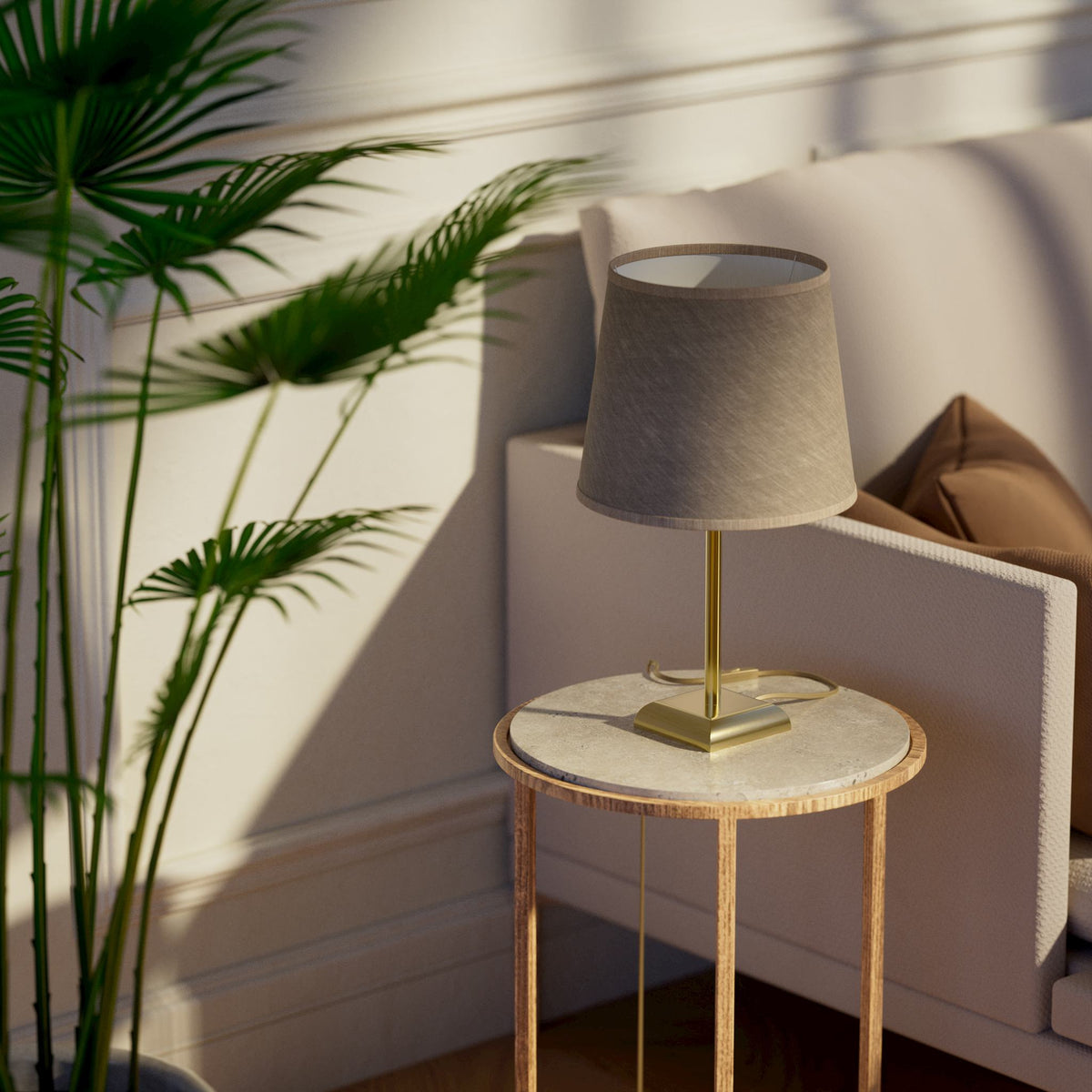 Contemporary table lamp with brass structure and conical gray textile shade, square base, essential design, Aves collection by Ghidini 1849 - Finish: OLV Polished Brass