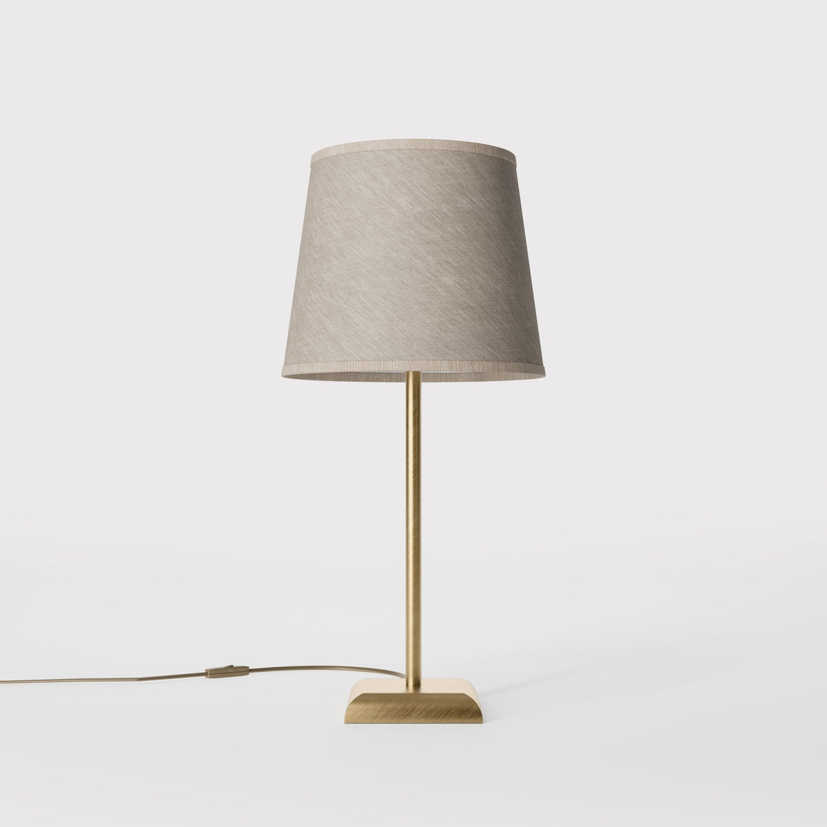 Minimalist table lamp with brass structure and conical gray textile shade, square base, essential design, Aves collection by Ghidini 1849 - Finish: OBS Bronze Satin Brass