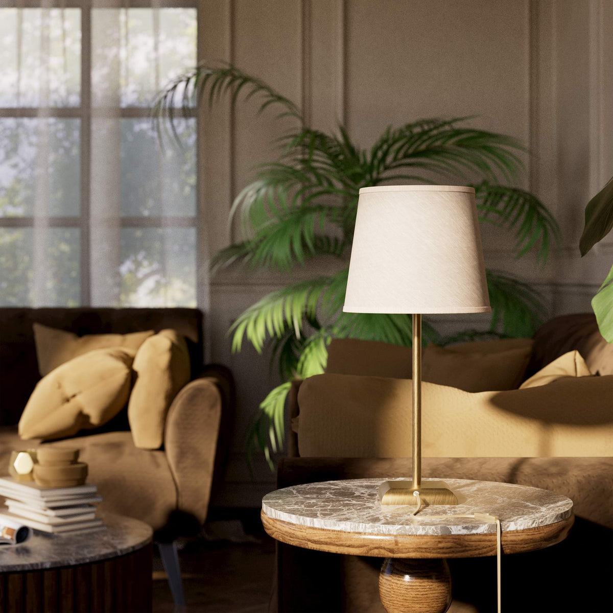 Minimalist table lamp with brass structure and conical gray textile shade, square base, essential design, Aves collection by Ghidini 1849 - Finish: OBS Bronze Satin Brass
