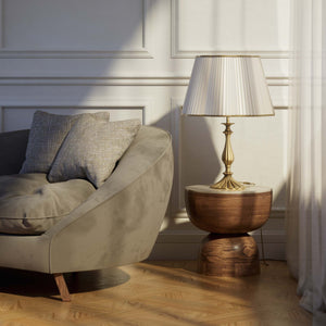 Classic brass table lamp with ivory pleated shade, shaped base and elegant decorations, Petalo collection Made in Italy by Ghidini 1849 - Finish: OBS Bronze Satin Brass