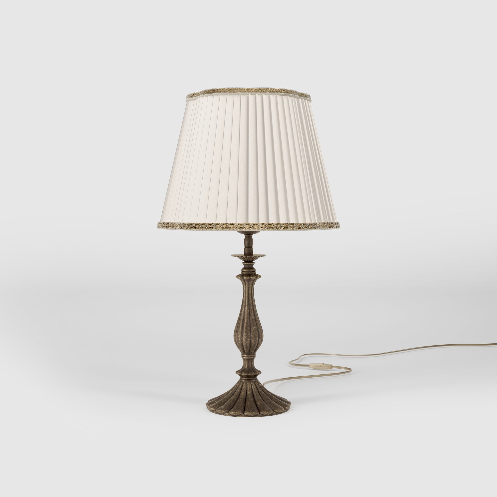 Brass table lamp with fan-shaped base and pleated fabric shade with decorative trim from Petalo collection by Ghidini 1849 - Finish: OAS Antique Brass