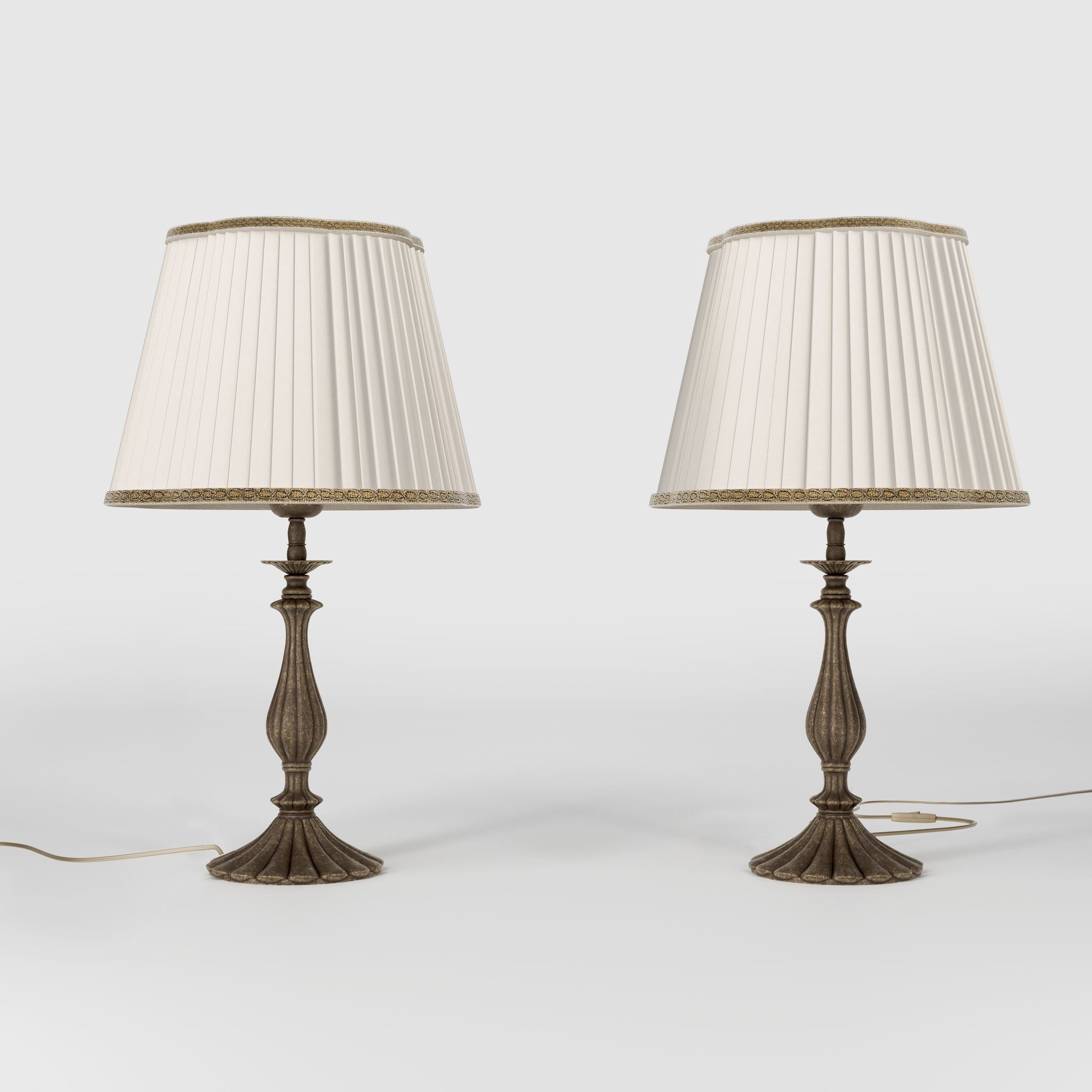 Brass table lamp with fan-shaped base and pleated fabric shade with decorative trim from Petalo collection by Ghidini 1849 - Finish: OAS Antique Brass