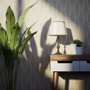 Brass table lamp with fan-shaped base and pleated fabric shade with decorative trim from Petalo collection by Ghidini 1849 - Finish: OAS Antique Brass