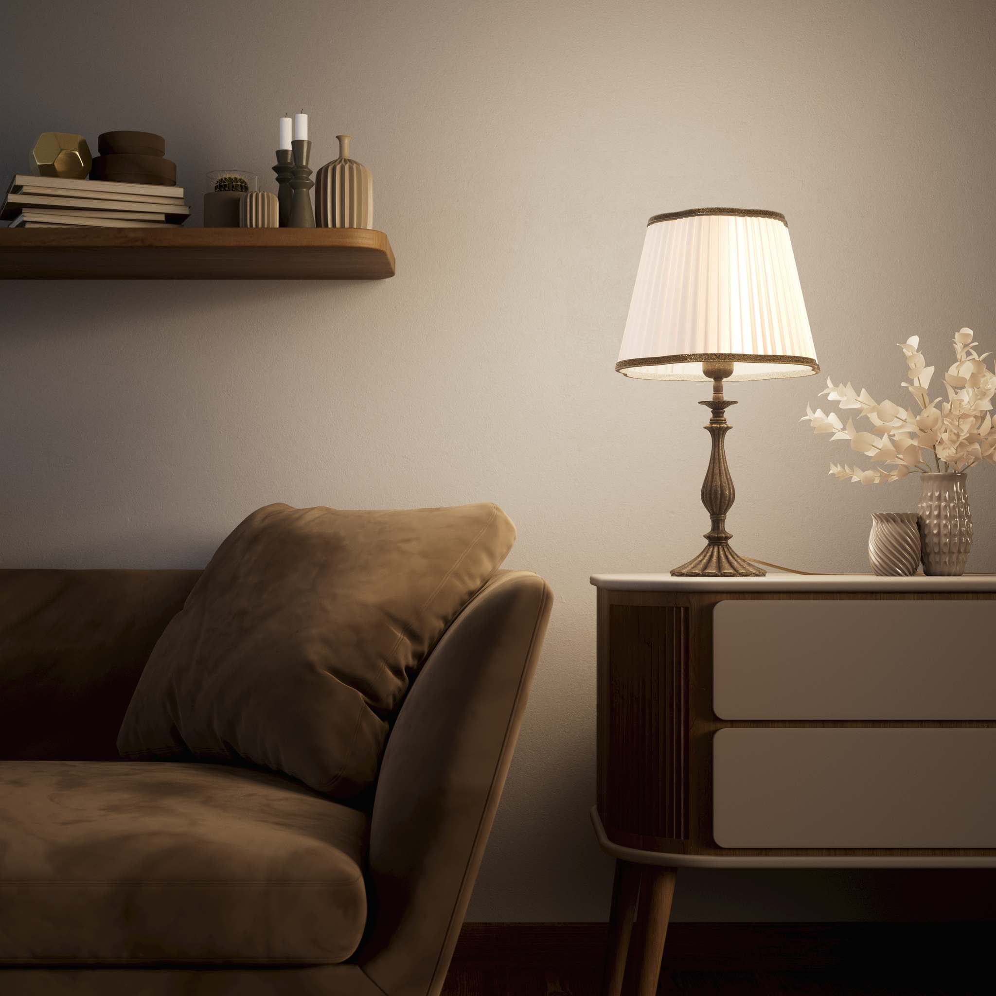 Brass table lamp with fan-shaped base and pleated fabric shade with decorative trim from Petalo collection by Ghidini 1849 - Finish: OAS Antique Brass