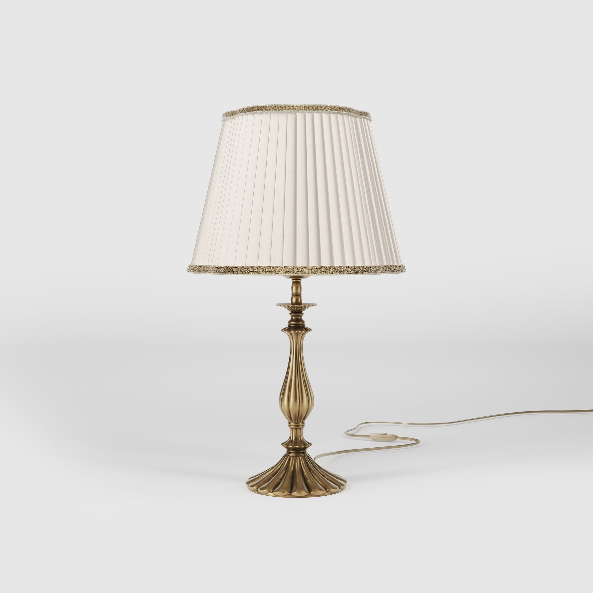 Brass table lamp with fan-shaped base and pleated fabric shade with decorative trim from Petalo collection by Ghidini 1849 - Finish: OBS Bronze Satin Brass
