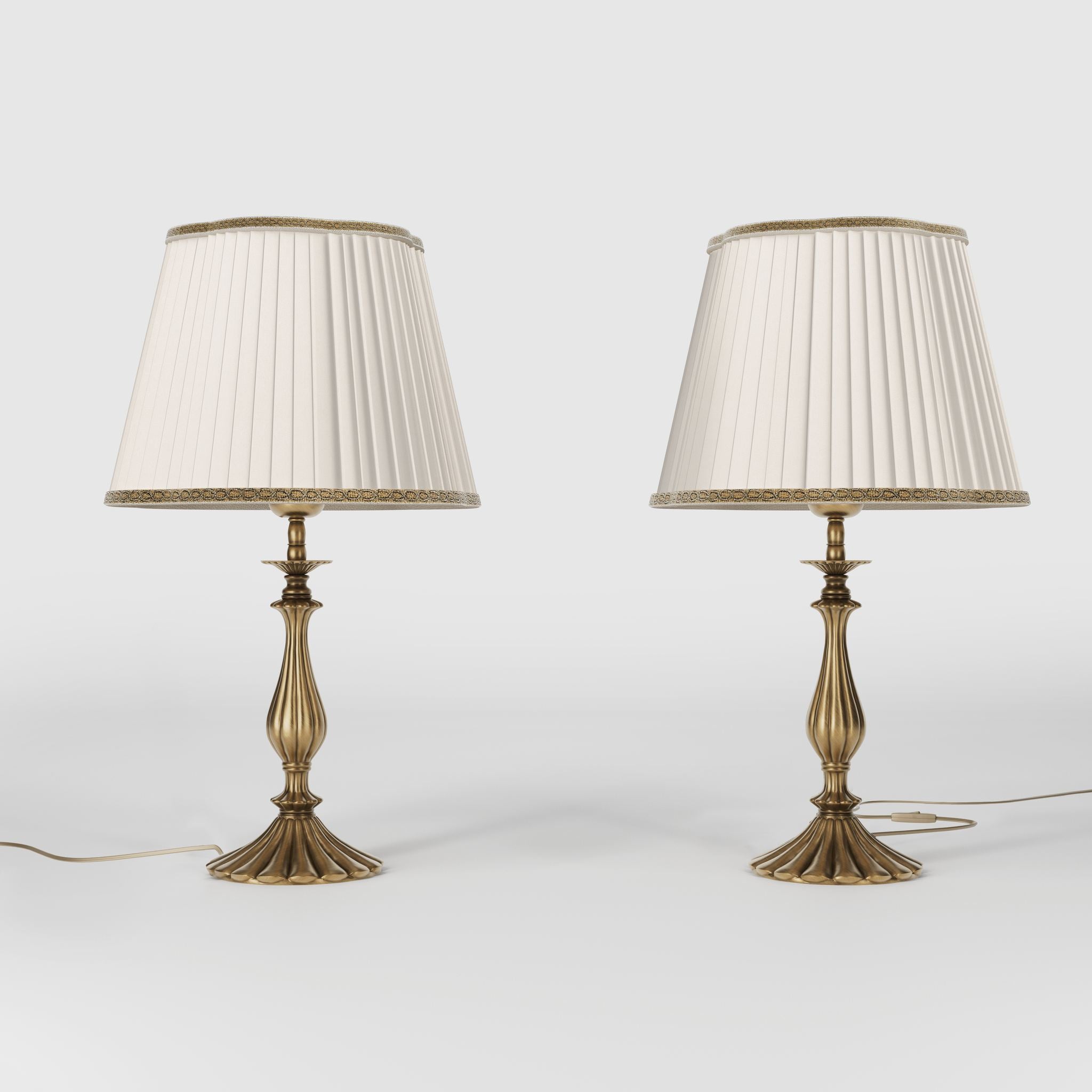 Brass table lamp with fan-shaped base and pleated fabric shade with decorative trim from Petalo collection by Ghidini 1849 - Finish: OBS Bronze Satin Brass