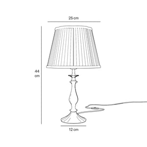 Brass table lamp with fan-shaped base and pleated fabric shade with decorative trim from Petalo collection by Ghidini 1849