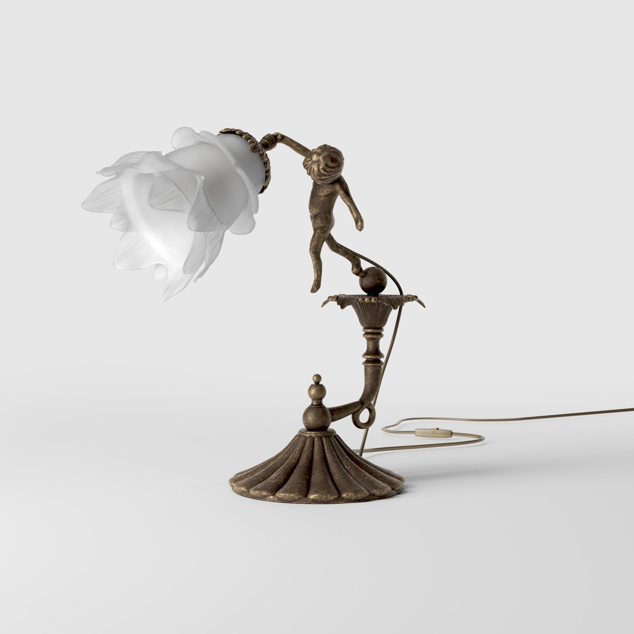 Art Nouveau table lamp with dancing brass putto, petal-shaped frosted glass shade, fan-decorated base by Ghidini 1849 - Finish: OAS Antique Brass