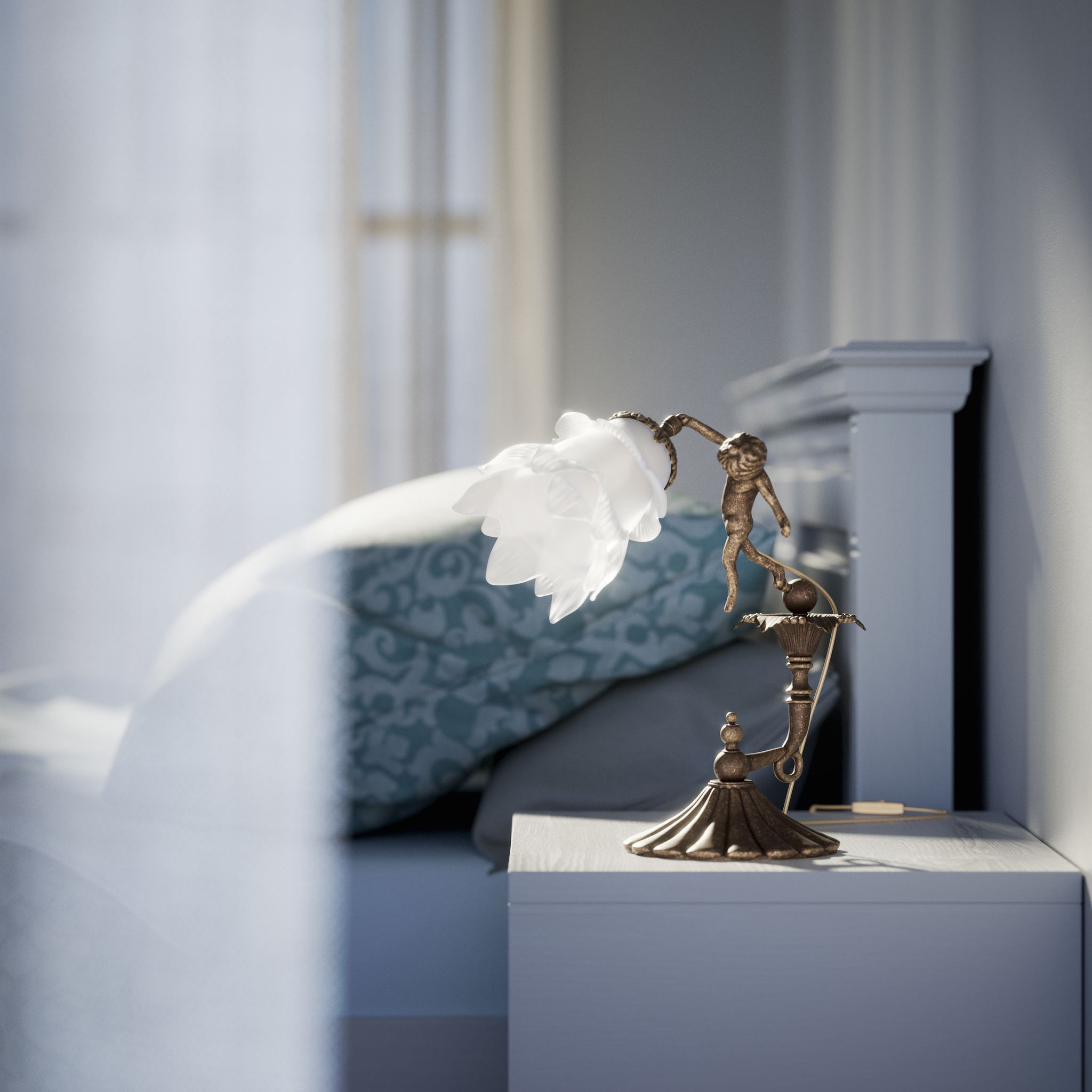 Art Nouveau table lamp with dancing brass putto, petal-shaped frosted glass shade, fan-decorated base by Ghidini 1849 - Finish: OAS Antique Brass