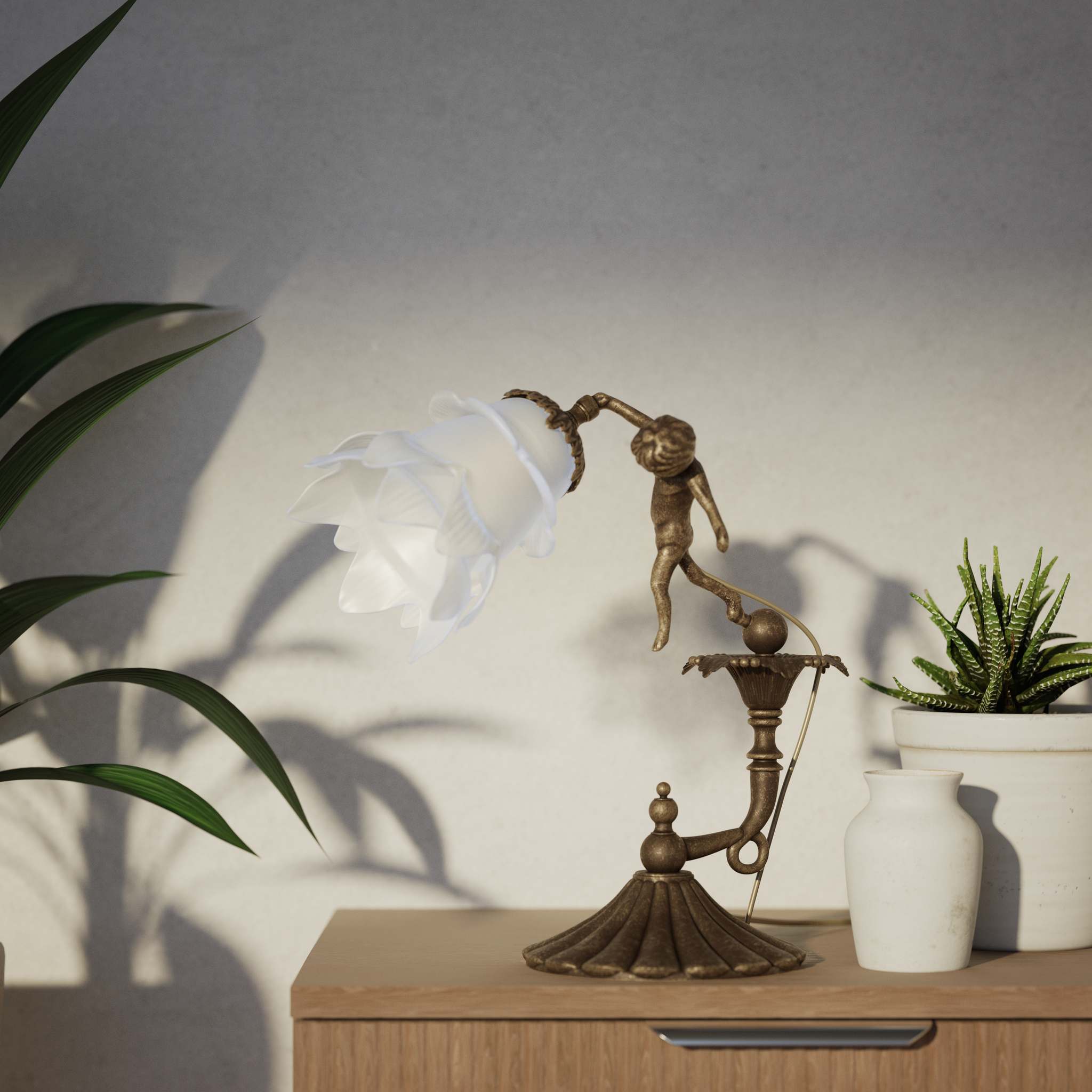 Art Nouveau table lamp with dancing brass putto, petal-shaped frosted glass shade, fan-decorated base by Ghidini 1849 - Finish: OAS Antique Brass