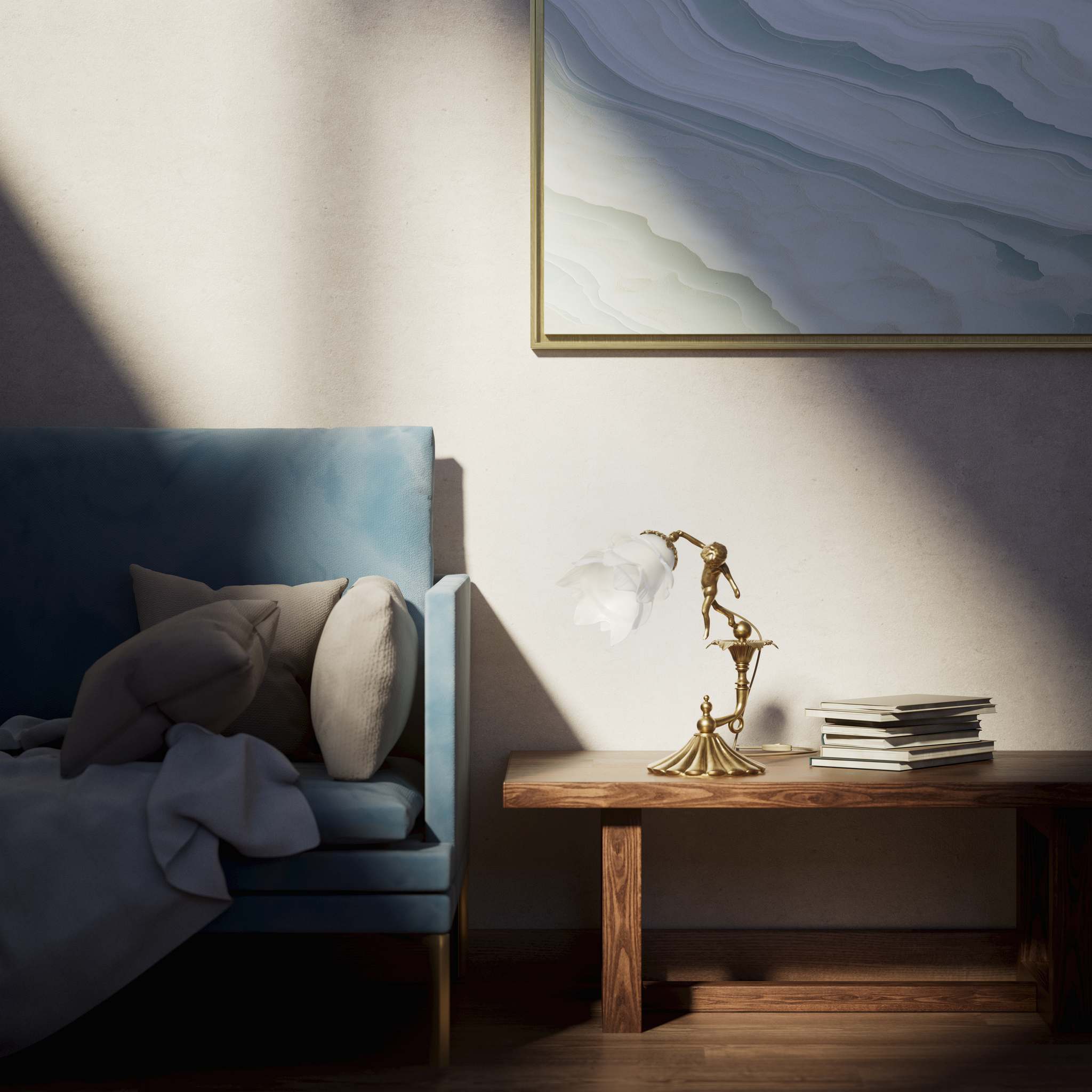 Art Nouveau table lamp with dancing brass putto, petal-shaped frosted glass shade, fan-decorated base by Ghidini 1849 - Finish: OBS Bronze Satin Brass