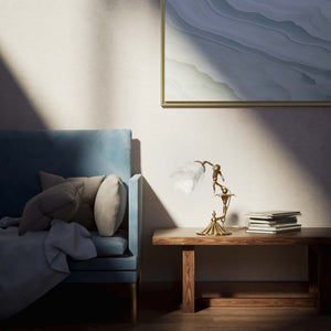 Art Nouveau table lamp with dancing brass putto, petal-shaped frosted glass shade, fan-decorated base by Ghidini 1849 - Finish: OBS Bronze Satin Brass