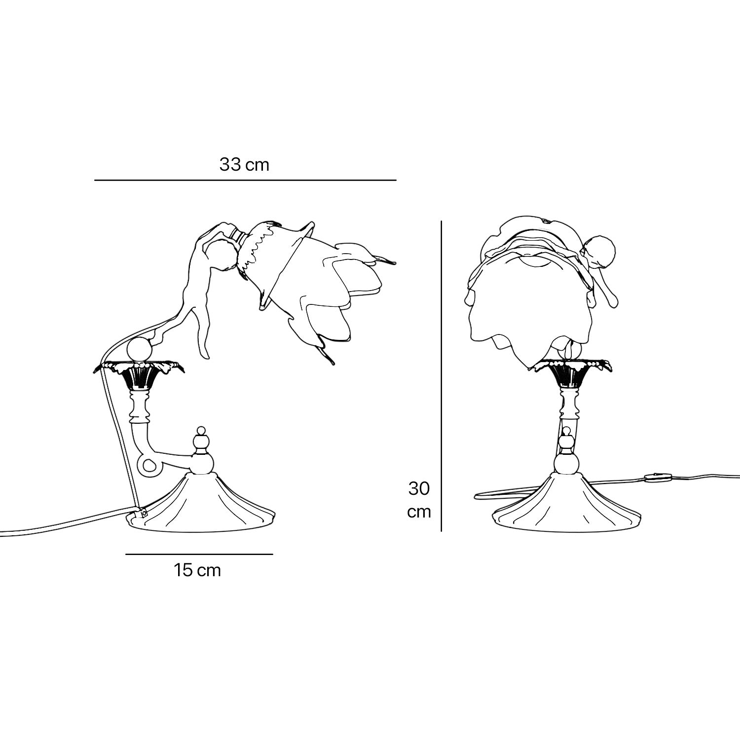 Art Nouveau table lamp with dancing brass putto, petal-shaped frosted glass shade, fan-decorated base by Ghidini 1849