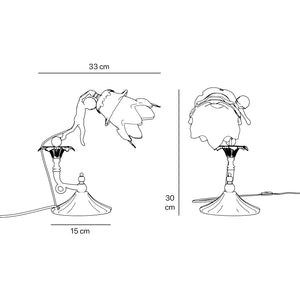Art Nouveau table lamp with dancing brass putto, petal-shaped frosted glass shade, fan-decorated base by Ghidini 1849