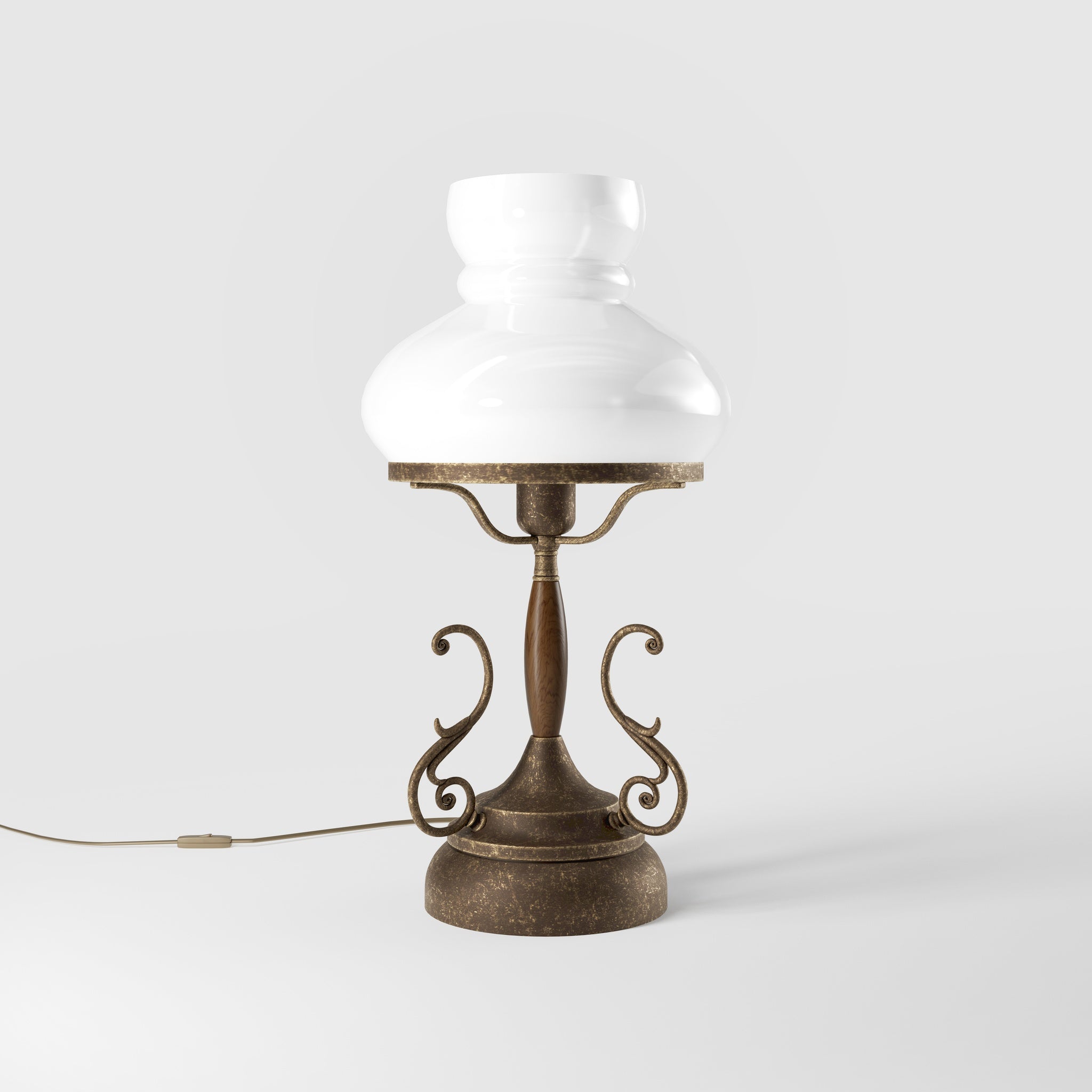 Victorian style table lamp with decorative scrolls, turned wooden column and white glass dome shade from the Mississippi collection by Ghidini 1849 - Finish: OAS Antique Brass
