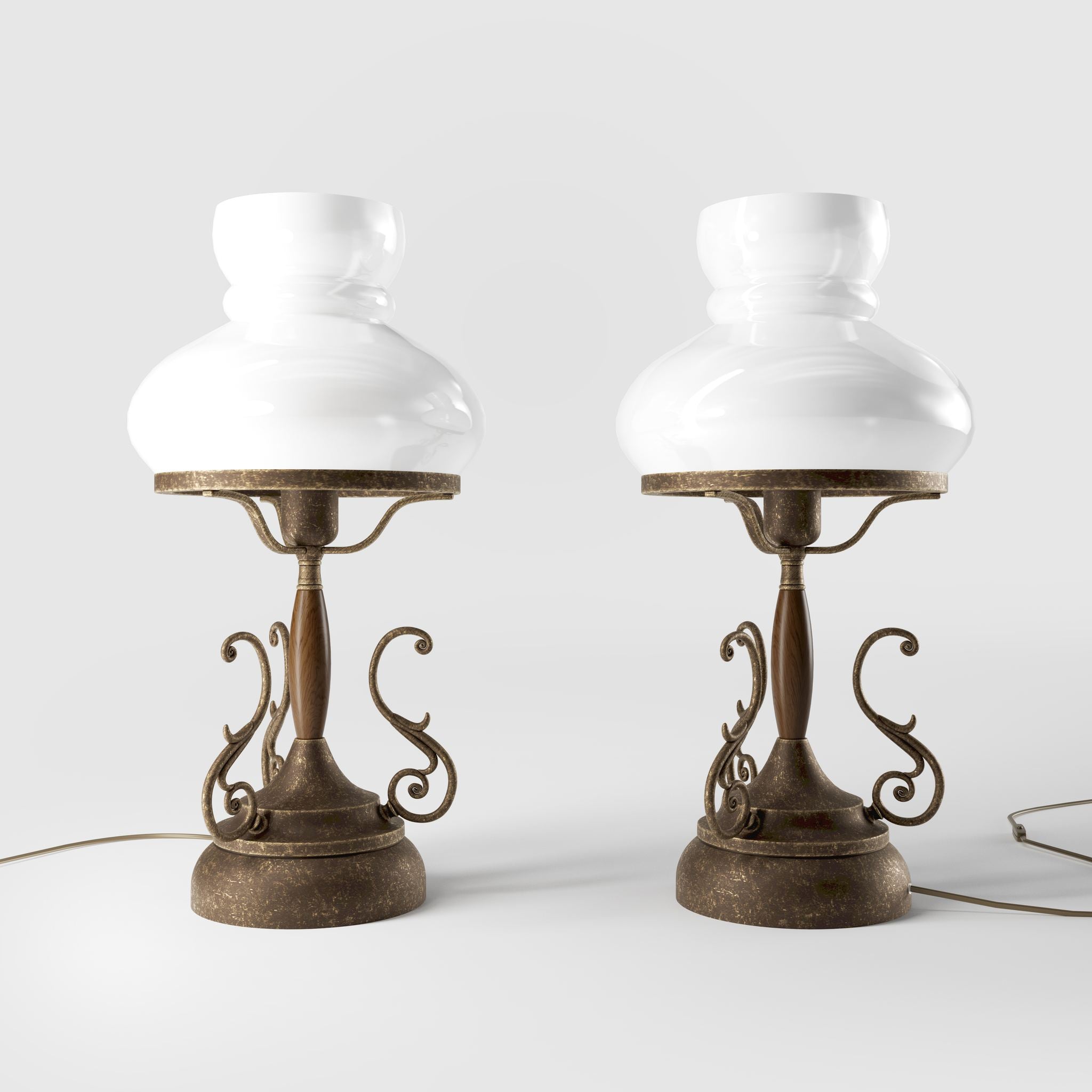 Victorian style table lamp with decorative scrolls, turned wooden column and white glass dome shade from the Mississippi collection by Ghidini 1849 - Finish: OAS Antique Brass