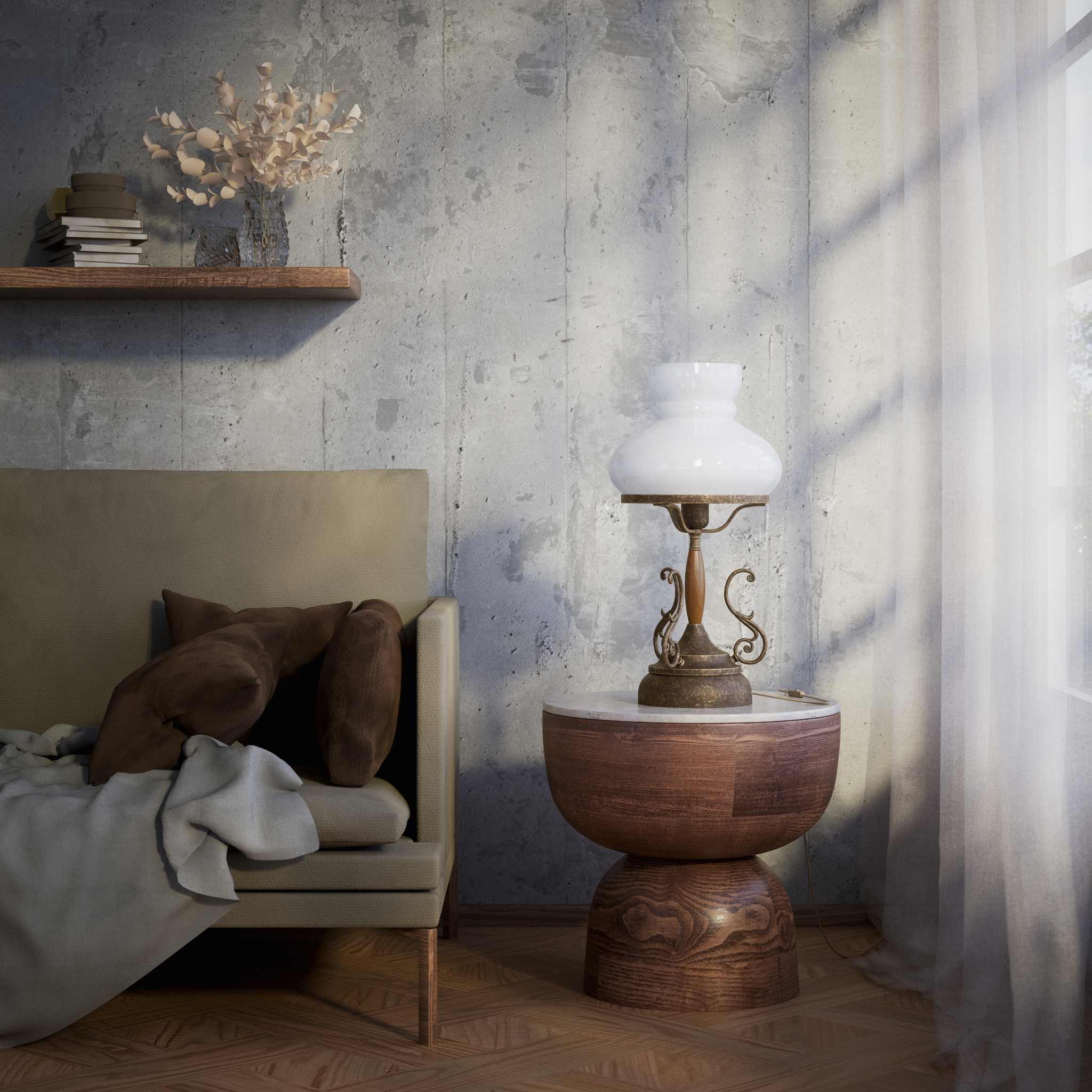 Victorian style table lamp with decorative scrolls, turned wooden column and white glass dome shade from the Mississippi collection by Ghidini 1849 - Finish: OAS Antique Brass