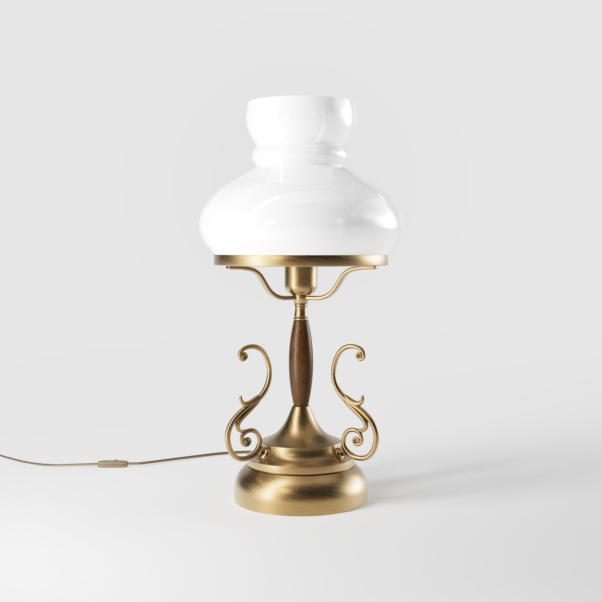 Victorian style table lamp with decorative scrolls, turned wooden column and white glass dome shade from the Mississippi collection by Ghidini 1849 - Finish: OBS Bronze Satin Brass