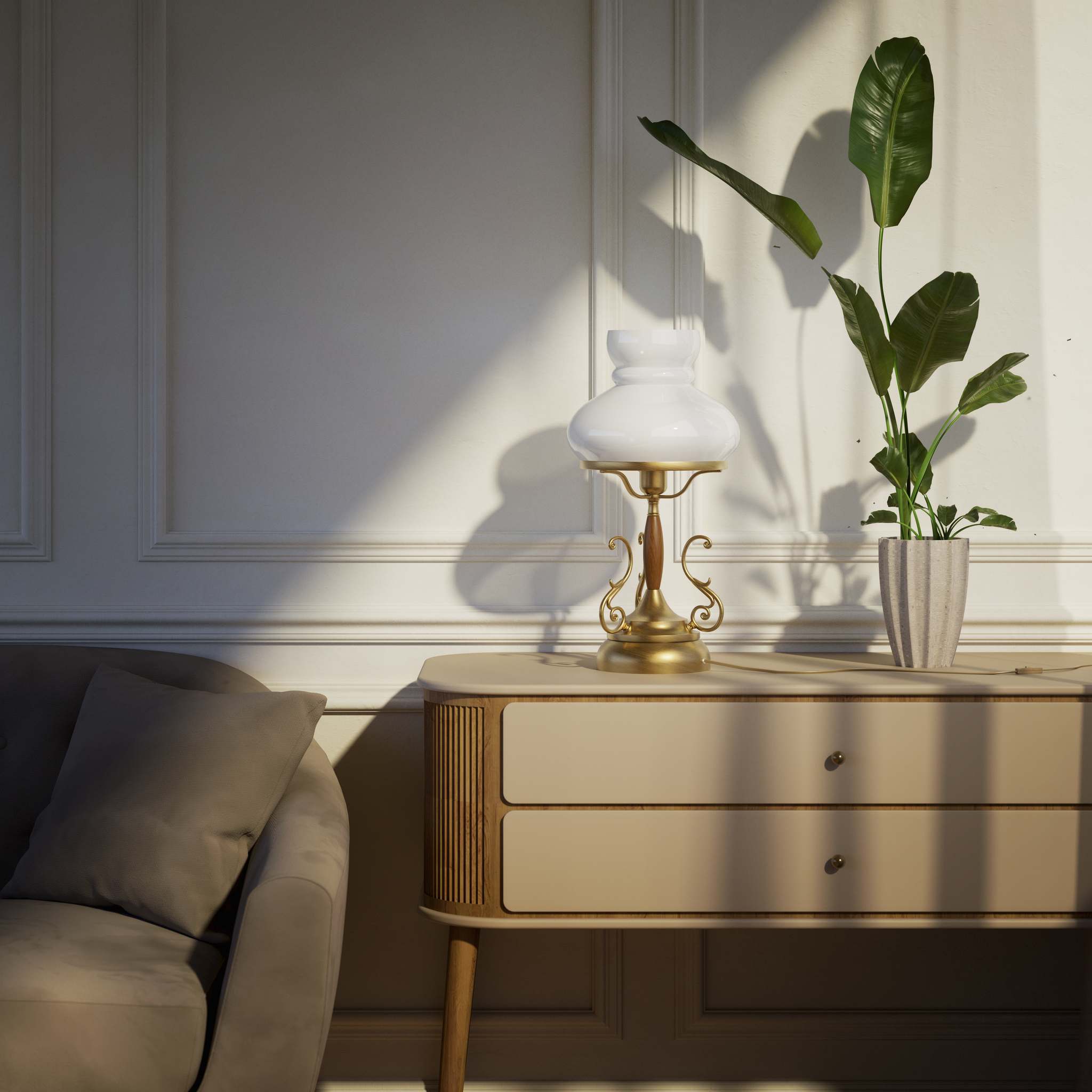 Victorian style table lamp with decorative scrolls, turned wooden column and white glass dome shade from the Mississippi collection by Ghidini 1849 - Finish: OBS Bronze Satin Brass