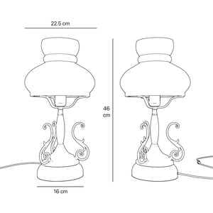 Victorian style table lamp with decorative scrolls, turned wooden column and white glass dome shade from the Mississippi collection by Ghidini 1849