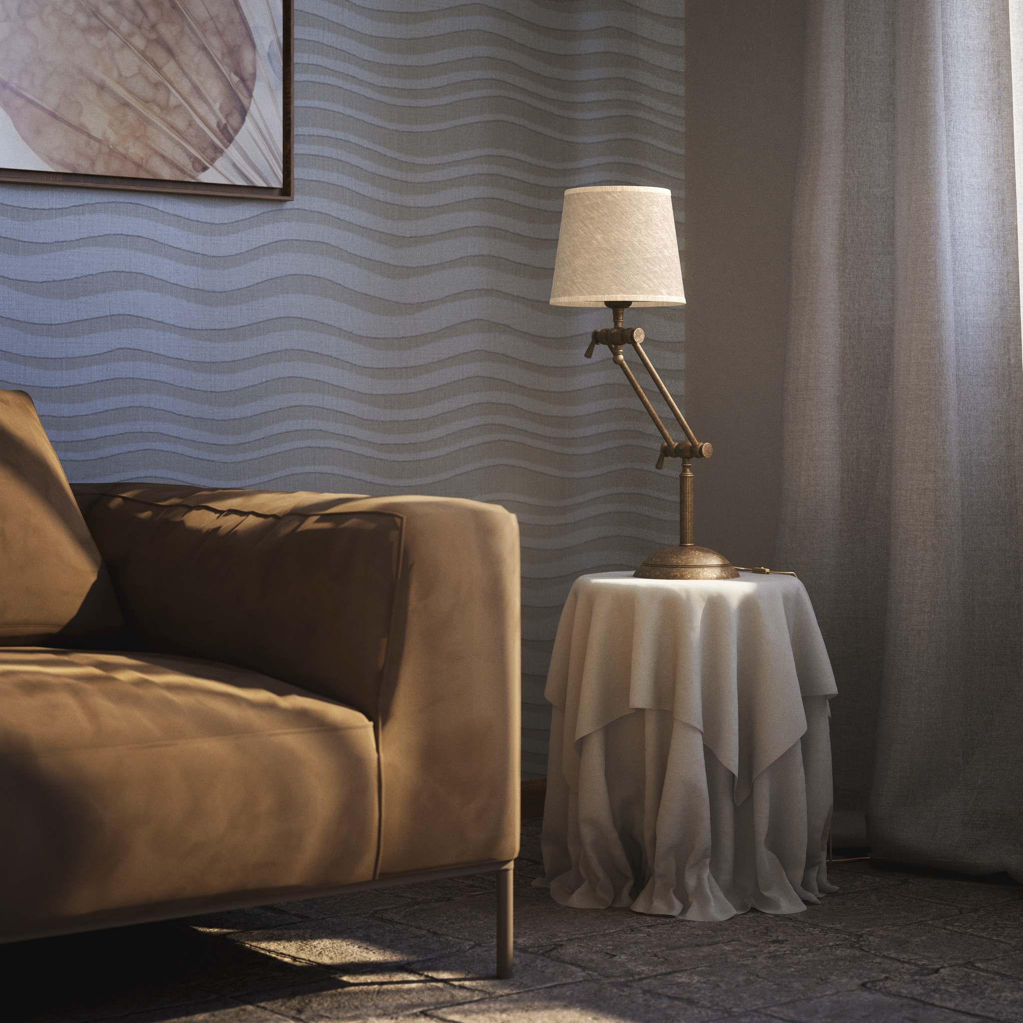 Classic brass table lamp with fluted stem adjustable double joint and grey linen-effect fabric shade Made in Italy by Ghidini 1849 - Finish: OAS Antique Brass