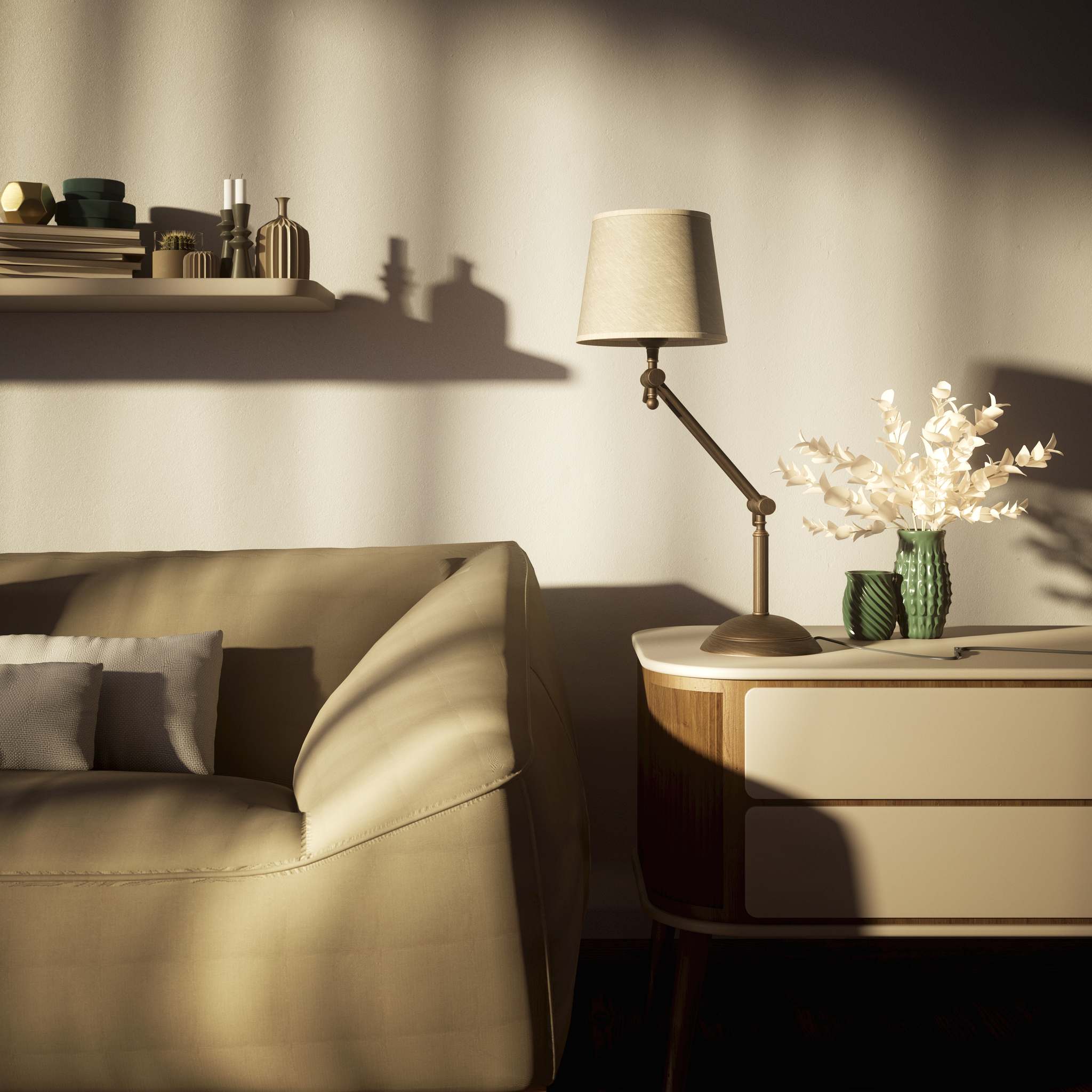 Classic brass table lamp with fluted stem adjustable double joint and grey linen-effect fabric shade Made in Italy by Ghidini 1849 - Finish: OBM Bronze Satin Matt Brass