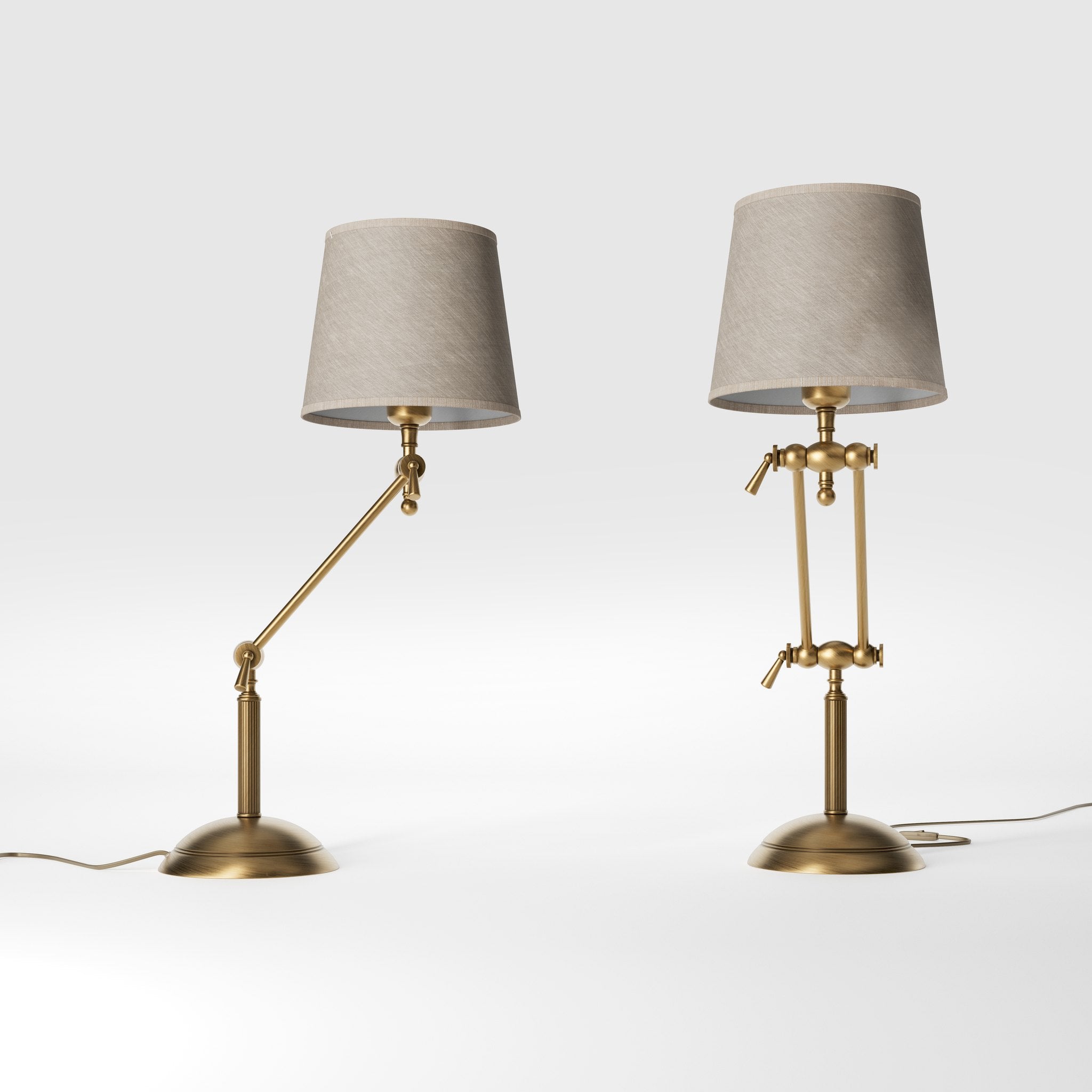 Classic brass table lamp with fluted stem adjustable double joint and grey linen-effect fabric shade Made in Italy by Ghidini 1849 - Finish: OBS Bronze Satin Brass