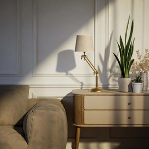 Classic brass table lamp with fluted stem adjustable double joint and grey linen-effect fabric shade Made in Italy by Ghidini 1849 - Finish: OBS Bronze Satin Brass