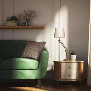 Classic brass table lamp with fluted stem adjustable double joint and grey linen-effect fabric shade Made in Italy by Ghidini 1849 - Finish: OBS Bronze Satin Brass