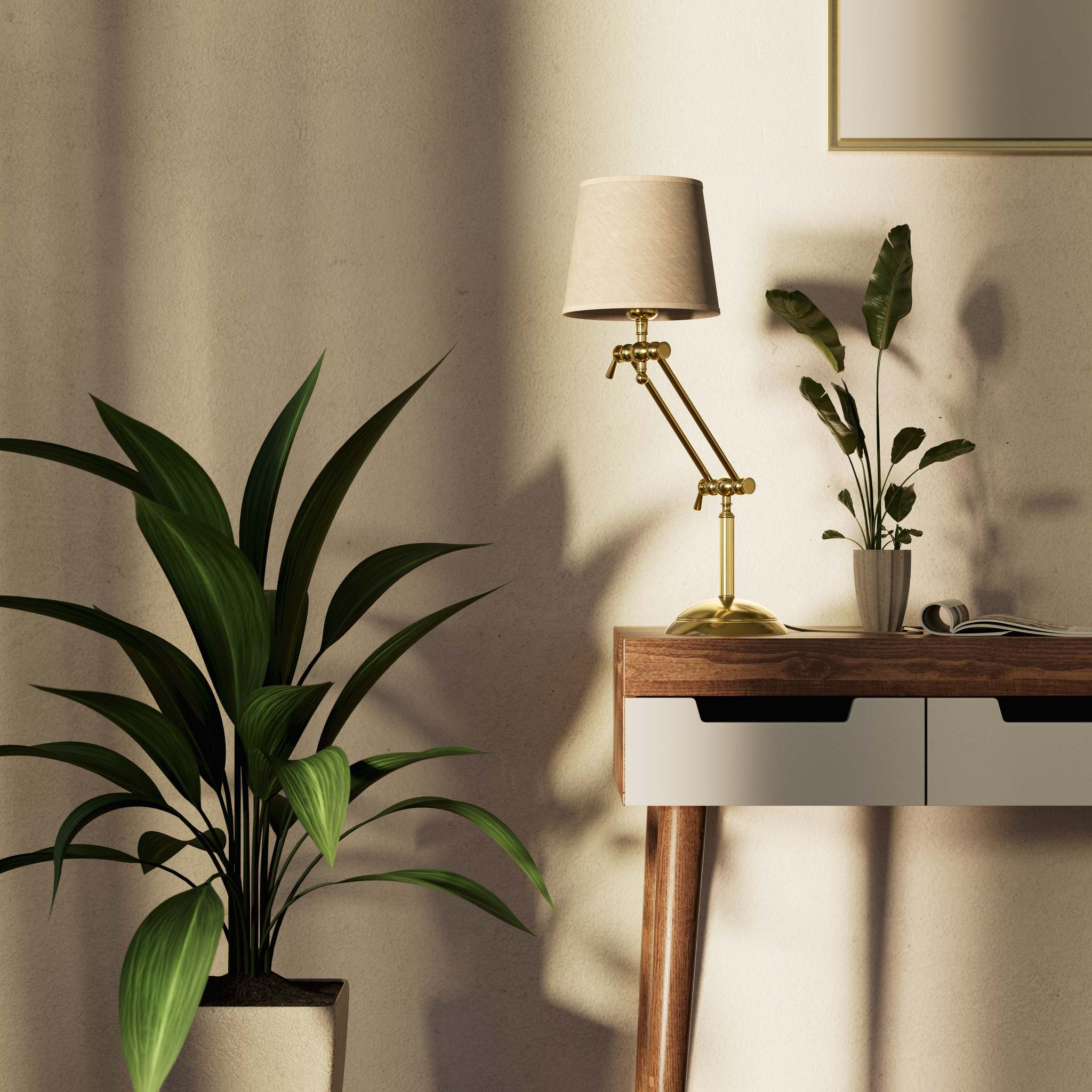 Classic brass table lamp with fluted stem adjustable double joint and grey linen-effect fabric shade Made in Italy by Ghidini 1849 - Finish: OLV Polished Brass