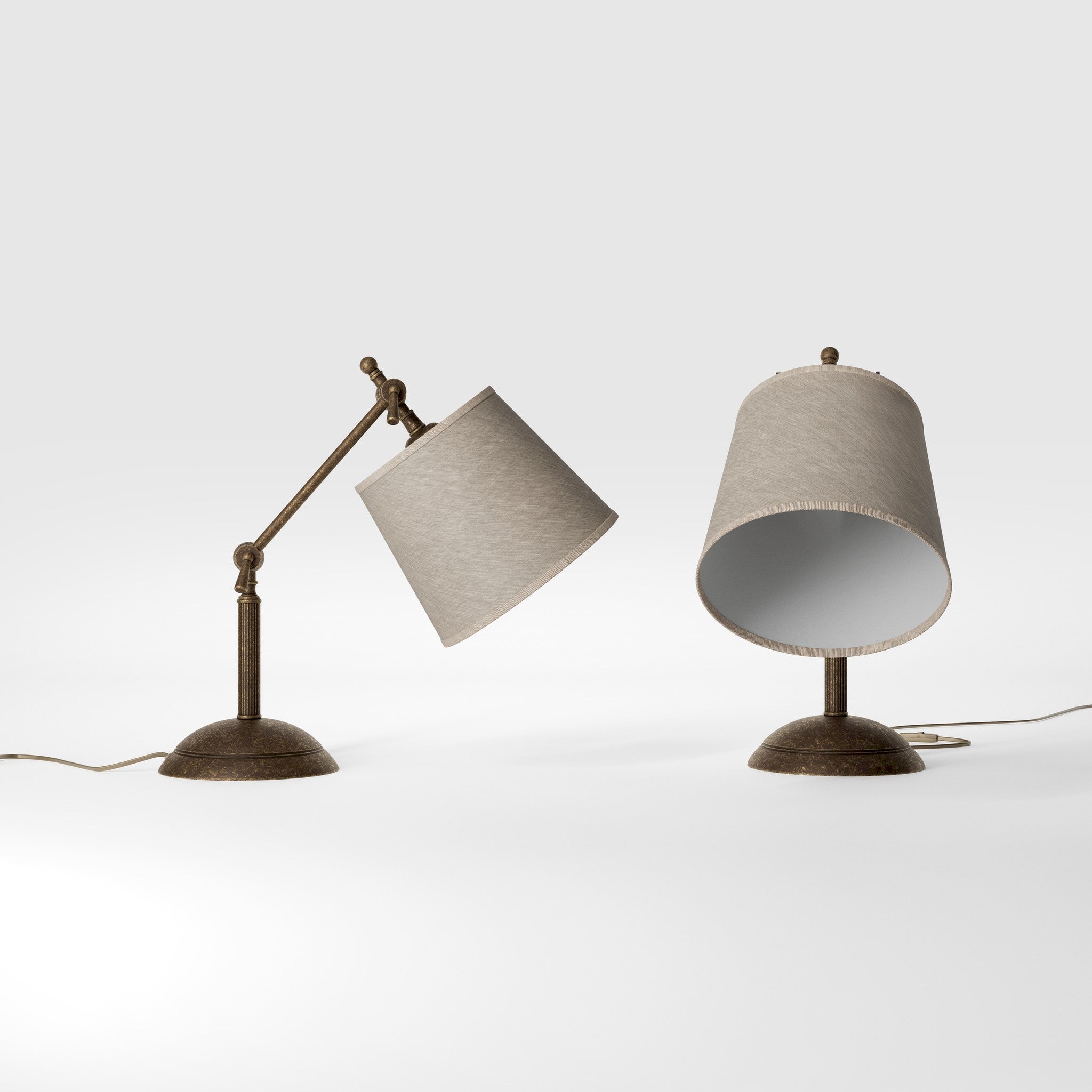 Brass table lamp with linen-effect fabric shade adjustable jointed structure decorated base Made in Italy by Ghidini 1849 - Finish: OAS Antique Brass