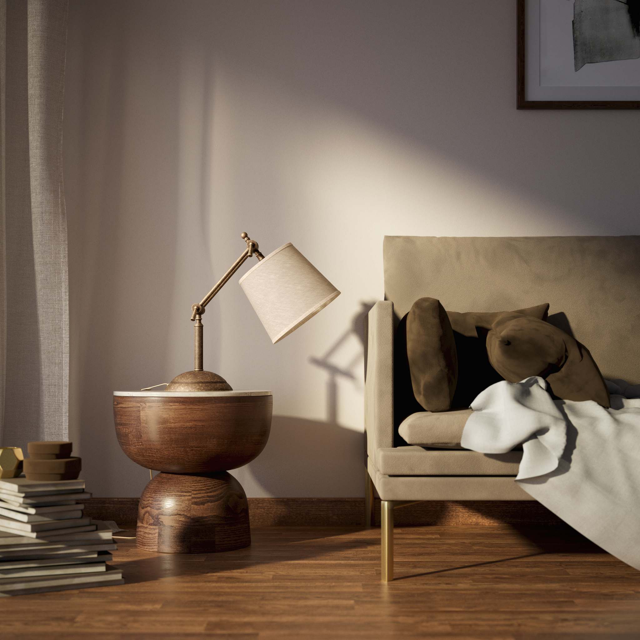 Brass table lamp with linen-effect fabric shade adjustable jointed structure decorated base Made in Italy by Ghidini 1849 - Finish: OAS Antique Brass