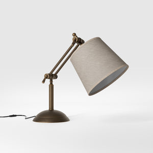 Brass table lamp with linen-effect fabric shade adjustable jointed structure decorated base Made in Italy by Ghidini 1849 - Finish: OBM Bronze Satin Matt Brass