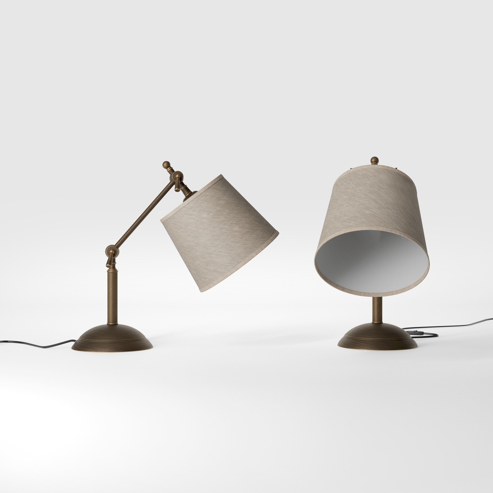 Brass table lamp with linen-effect fabric shade adjustable jointed structure decorated base Made in Italy by Ghidini 1849 - Finish: OBM Bronze Satin Matt Brass